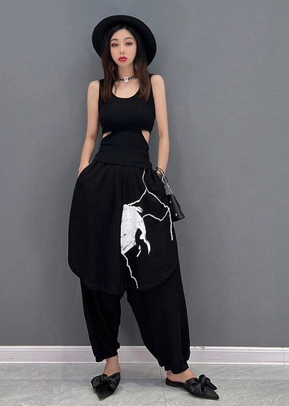 Vogue Black O-neck Tank Top and Harem Pants Two Pieces Set Summer