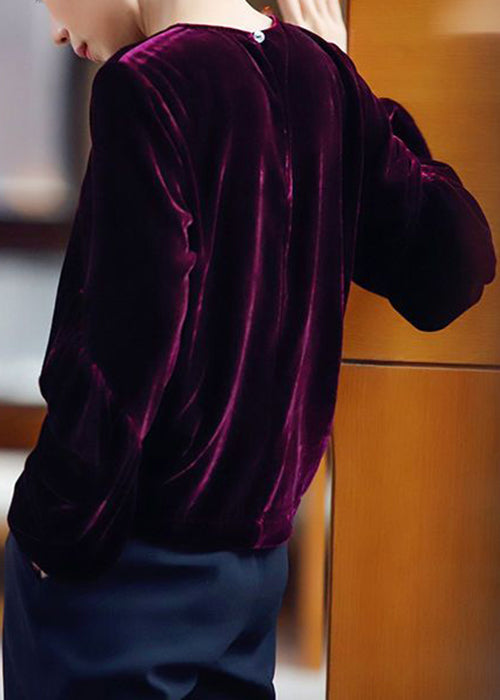 Purple O Neck Silk Velour Tops Spring