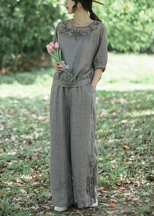 Black Embroideried Patchwork Linen Two Pieces Outfit Summer