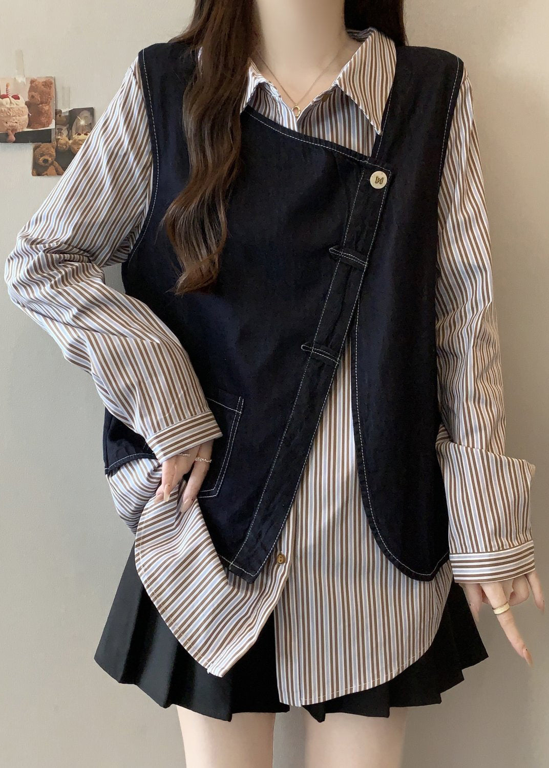 Asymmetrical Striped Cotton Fake Two Piece Top Fall