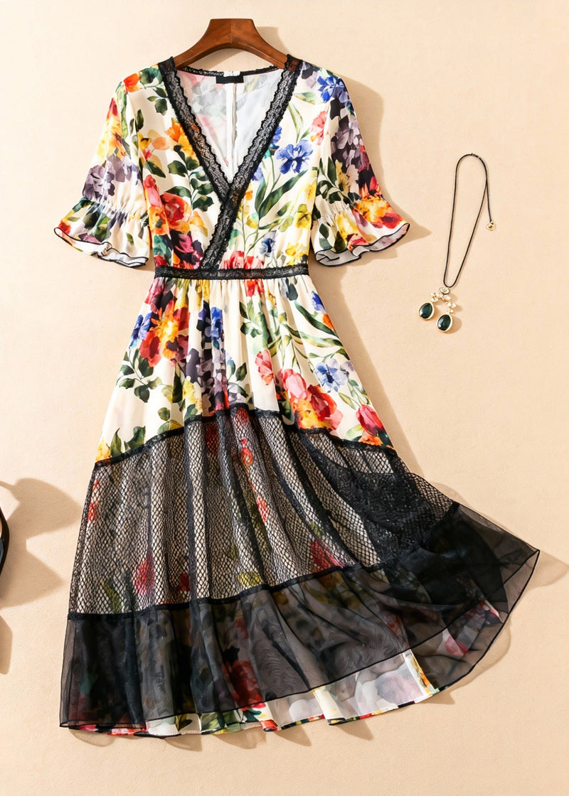 V Neck Print Tulle Patchwork Long Dress Summer