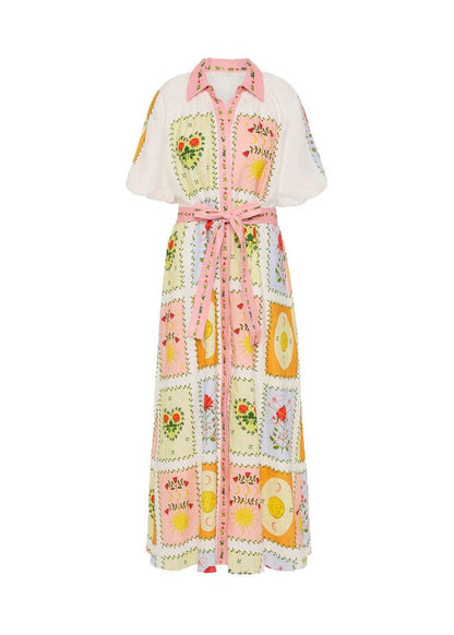 Peter Pan Collar Tie Waist Maxi Shirts Dress Short Sleeve