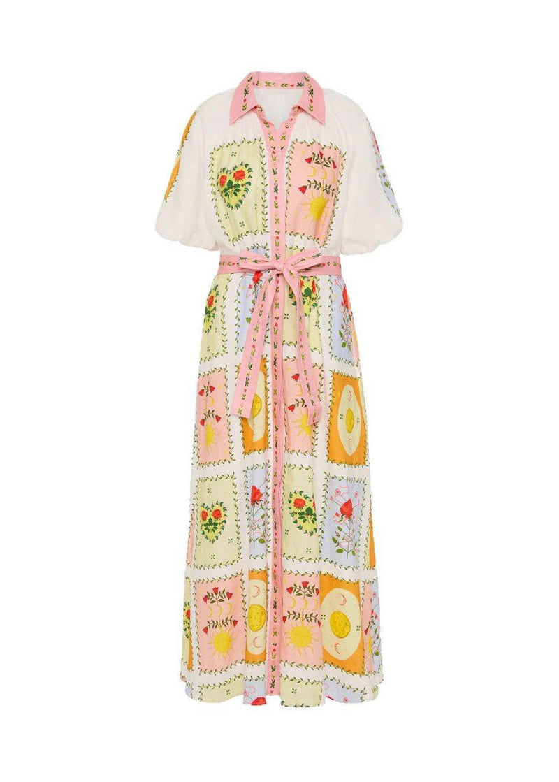 Peter Pan Collar Tie Waist Maxi Shirts Dress Short Sleeve