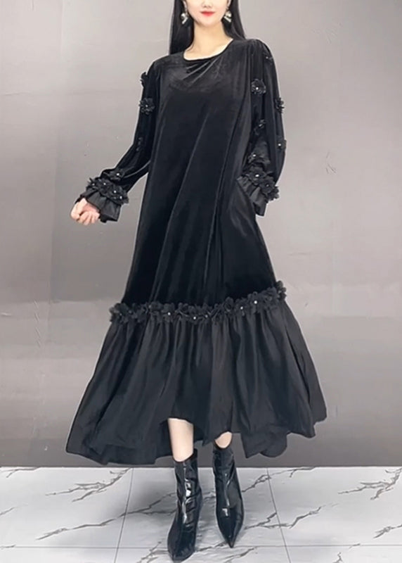 Boutique Red O-neck Embroidered Silk Velour Long Dresses Fall