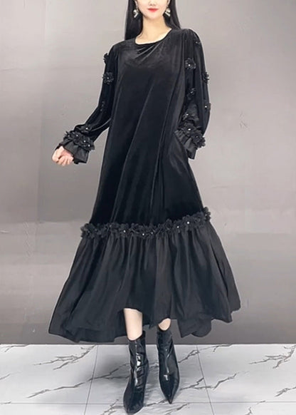 Boutique Red O-neck Embroidered Silk Velour Long Dresses Fall