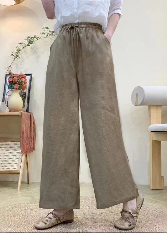 Khaki Elastic Waist Linen Straight Pants Summer