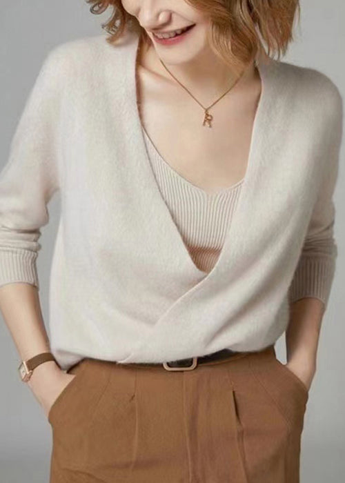 Beige V Neck Button Patchwork Woolen Knit Cardigan Fall