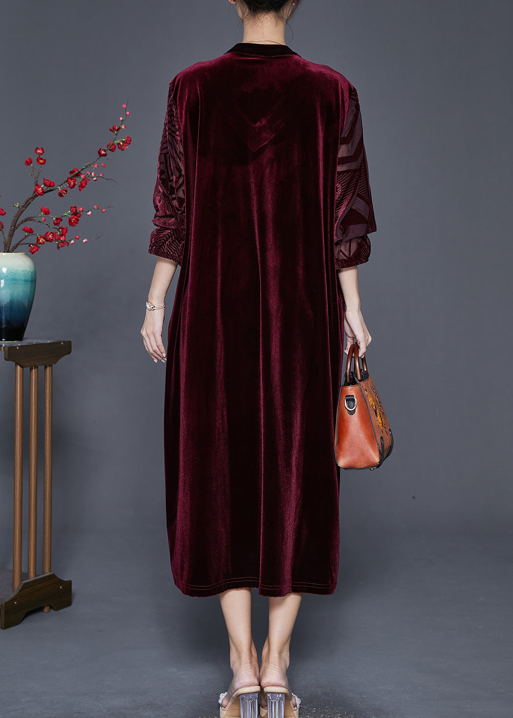 Natural Mulberry V Neck Silk Velour Maxi Dresses Fall