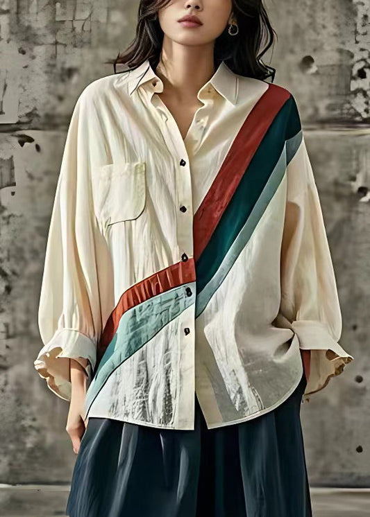 Apricot Peter Pan Collar Striped Patchwork Top Long Sleeve