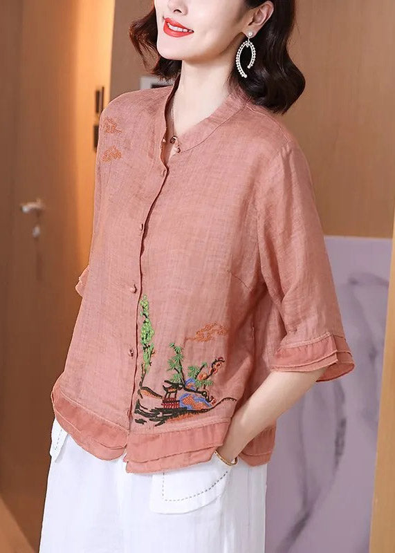 Pink Stand Collar Embroideried Button Linen Shirt Half Sleeve