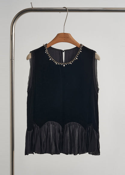 Black Nail Bead Patchwork Silk Velour Vests Fall