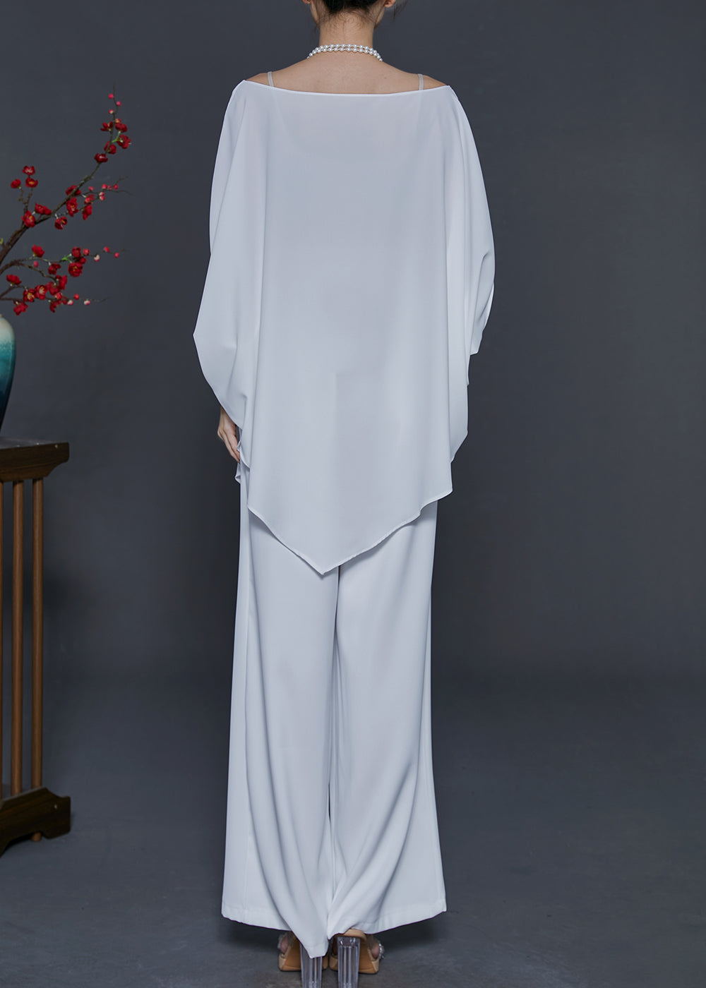 White Asymmetrical Chiffon Two Piece Suit Set Batwing Sleeve