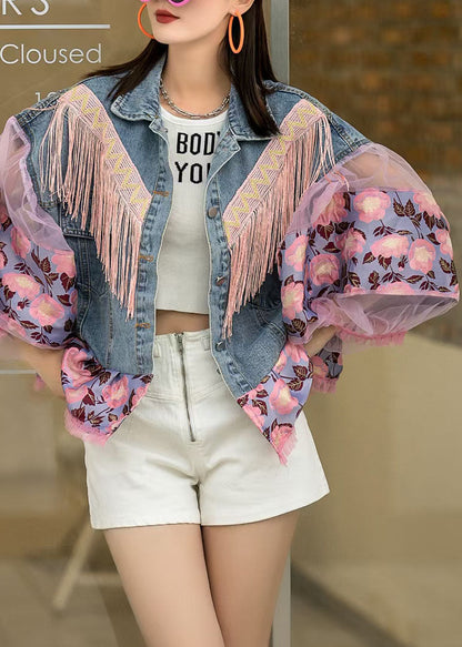 Loose Blue Tasseled Embroideried Ruffled Patchwork Denim Coat Lantern Sleeve Spring