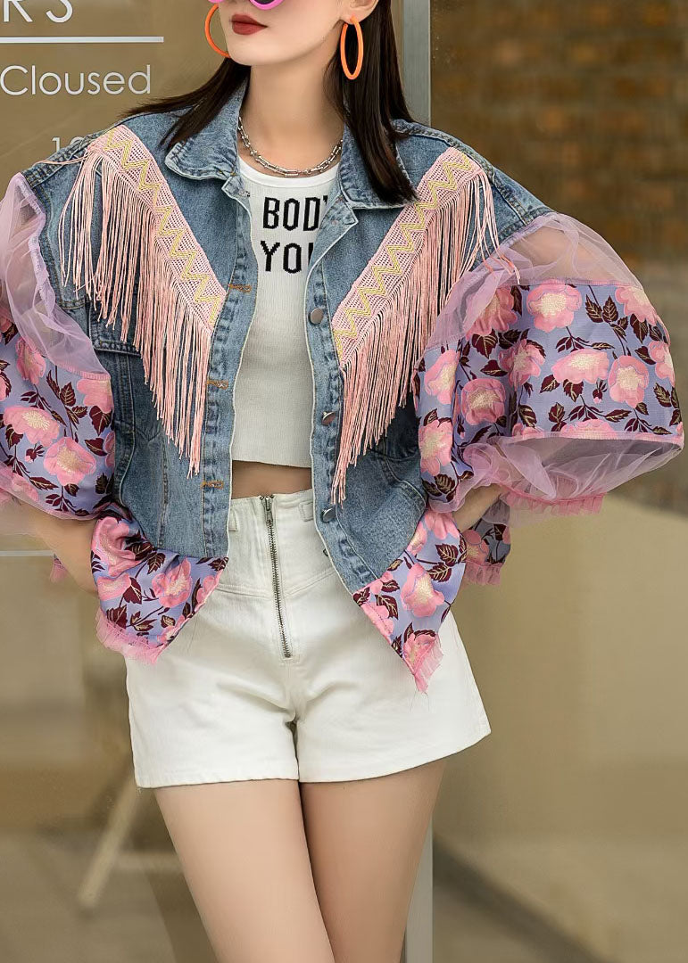 Loose Blue Tasseled Embroideried Ruffled Patchwork Denim Coat Lantern Sleeve Spring