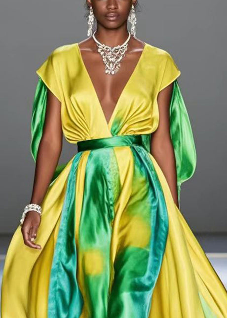 Yellow Cinched Tie Dye Silk Long Dresses Summer