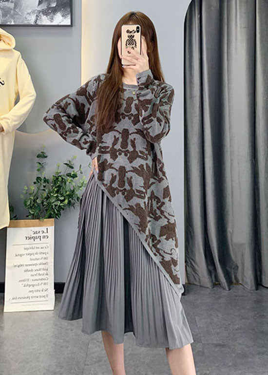 Grey Asymmetrical Patchwork Knit Long Dresses Spring
