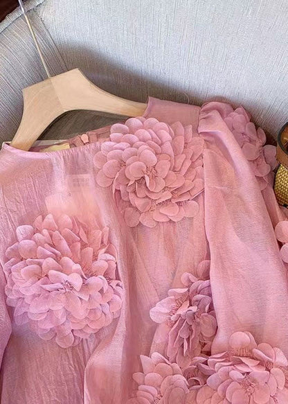 Unique Pink O Neck Decorated Chiffon Shirt Tops Spring