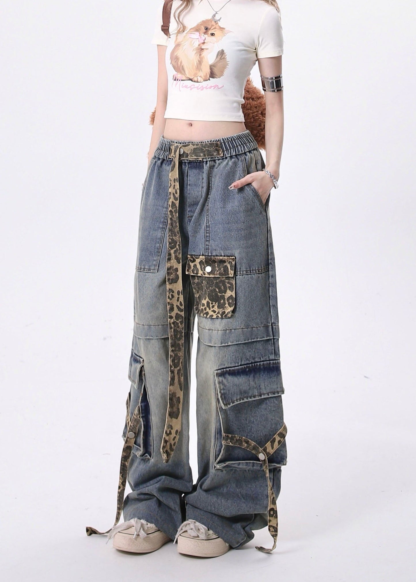 Blue Leopard Pockets Lace Up Patchwork Denim Pants Spring