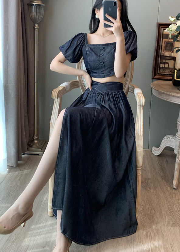 Navy Square Collar Side Open Denim Two-piece Set Summer
