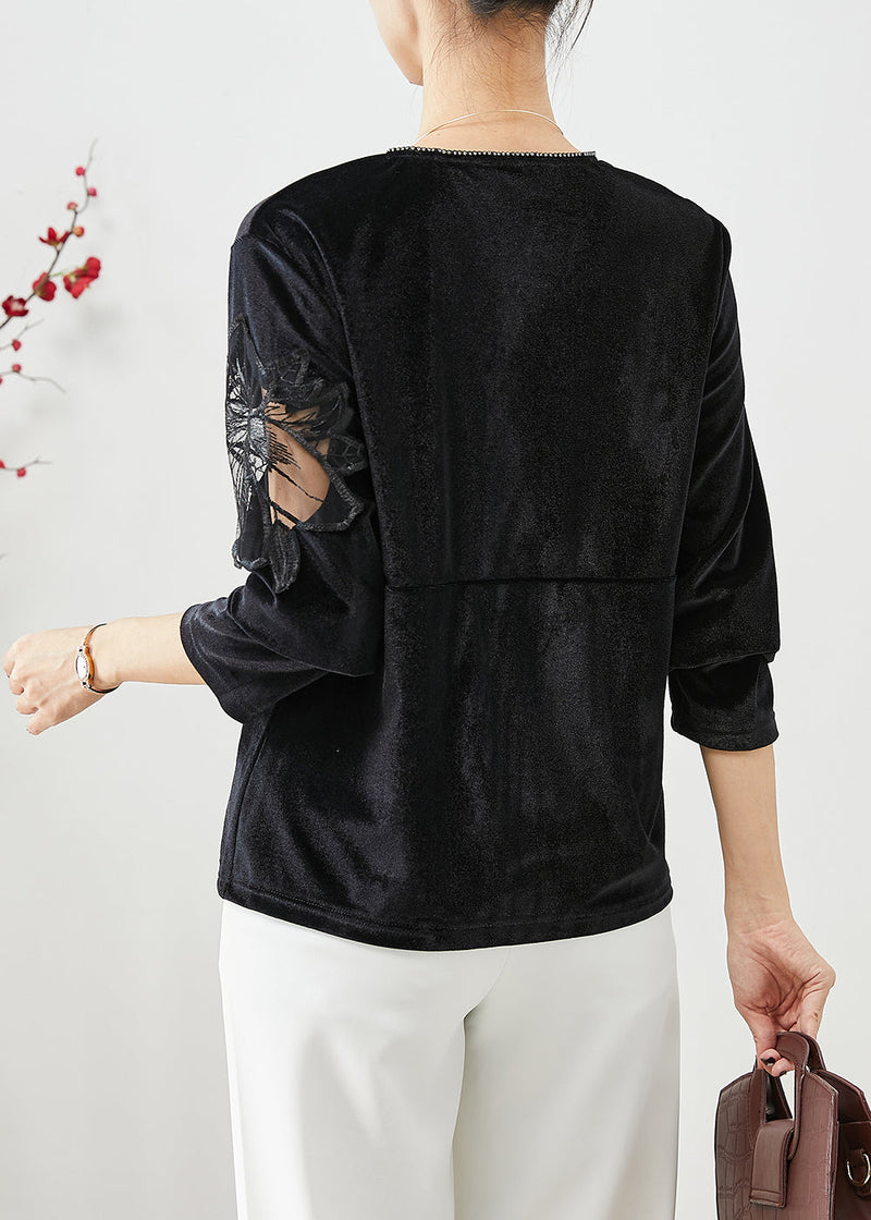 Black Hollow Out Patchwork Silk Velour Shirt Fall