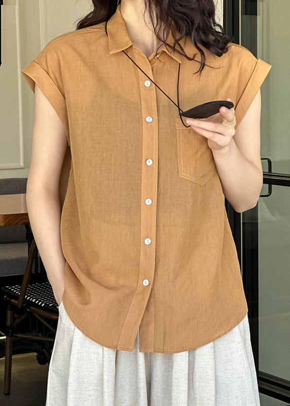 Orange Peter Pan Collar Button Silk Cotton Shirt Summer
