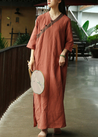 Loose Brick Red Button Side Open Patchwork Linen Dress Half Sleeve