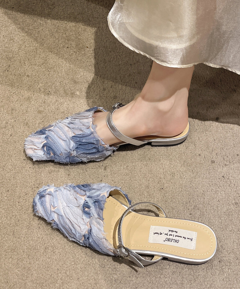 Splicing Blue Cotton Fabric Buckle Strap Slide Sandals