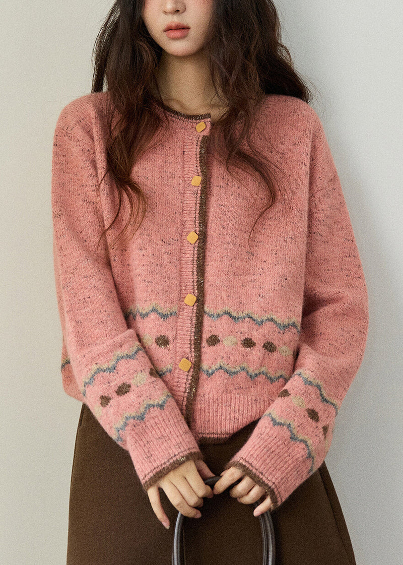 Pink O-neck Print Button Cotton Knit Cardigans Fall