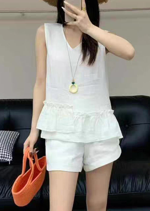 New White Ruffled Pockets Linen Two Pieces Set Summer