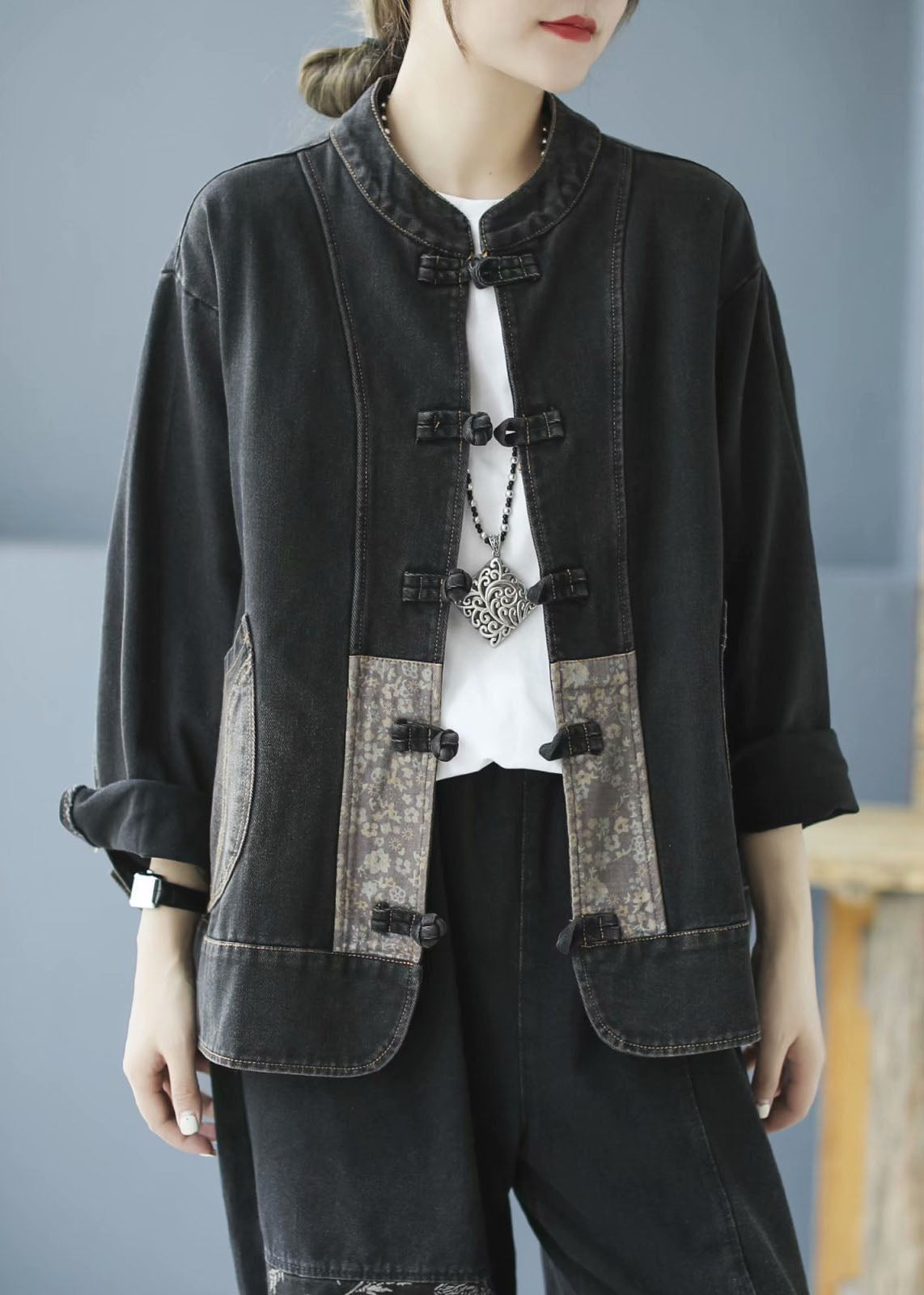 Blue Pockets Button Patchwork Fall Denim Long Sleeve Coat