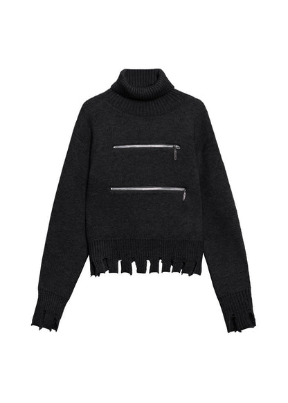 Classy Black Zippered Hole Turtle Neck Knit Sweaters Spring
