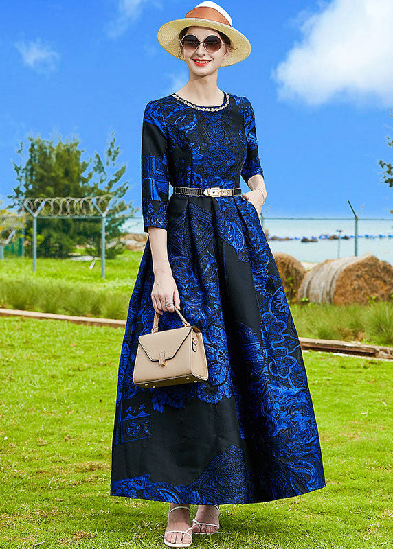 French Blue O-neck Jacquard Sashes Long Dresses Bracelet Sleeve