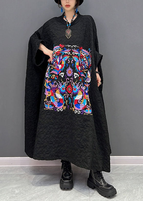 French Black Printing Wrinkled Dresses Gown Batwing Sleeve