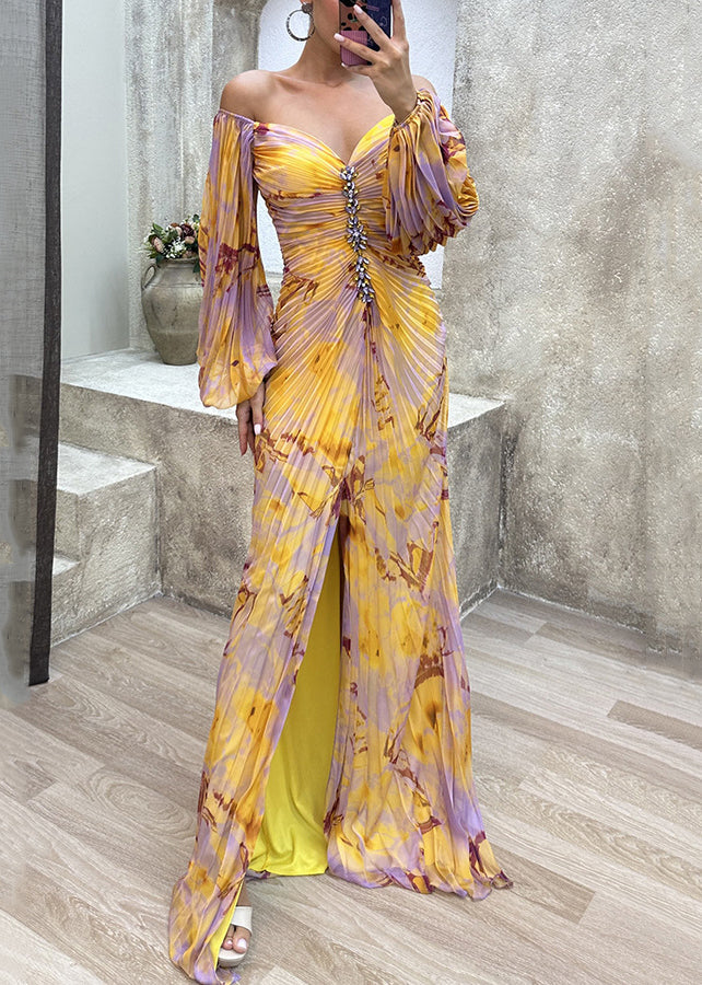 Yellow Wrinkled Side Open Ankle Dress Spring