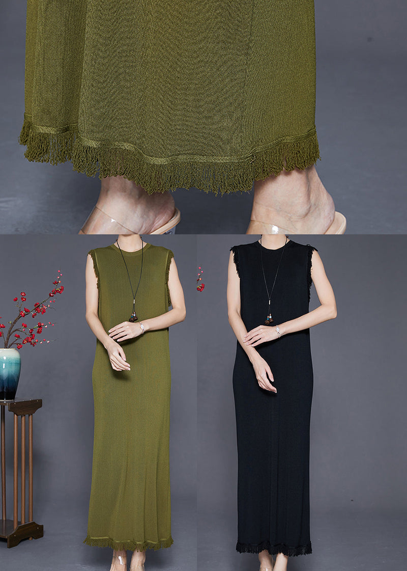 Army Green Tasseled Slim Fit Knit Dresses Sleeveless