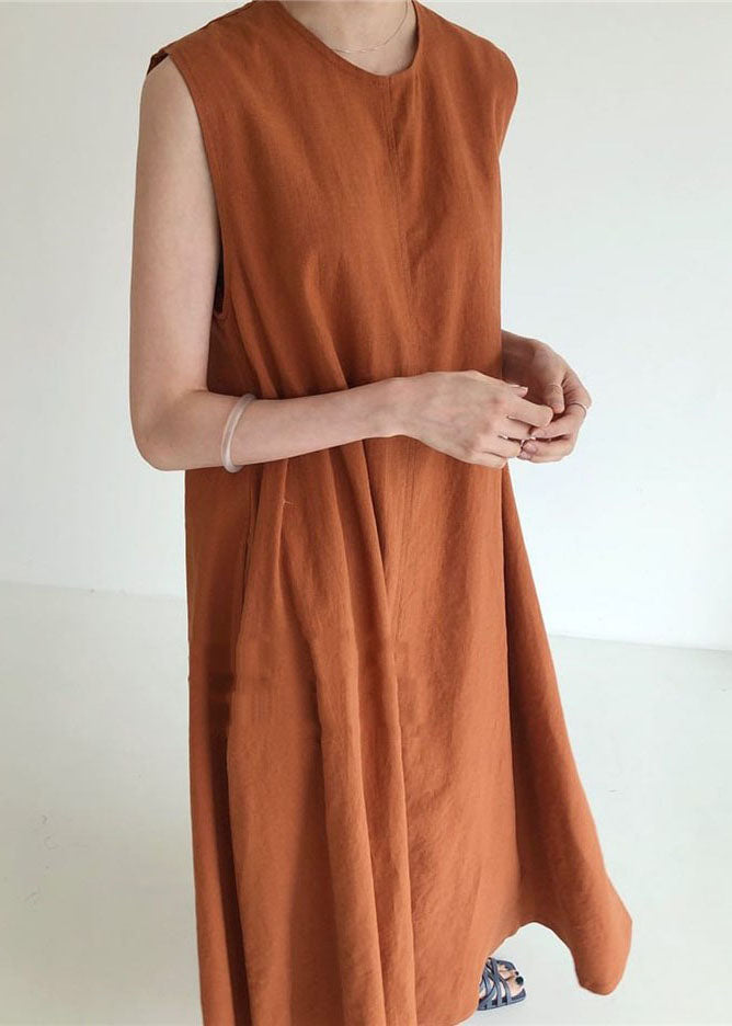Brown Red Pockets Loose Cotton Dress Sleeveless