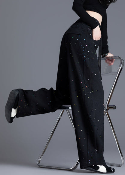 Black Pockets Print Elastic Waist Denim Pants Spring