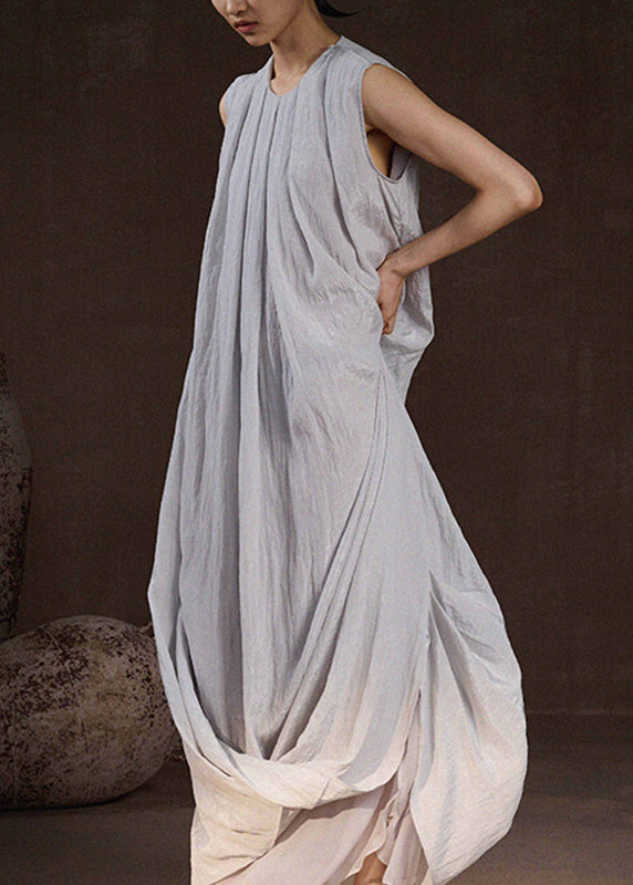 Loose Light Blue O-neck Wrinkled Long Dress Sleeveless