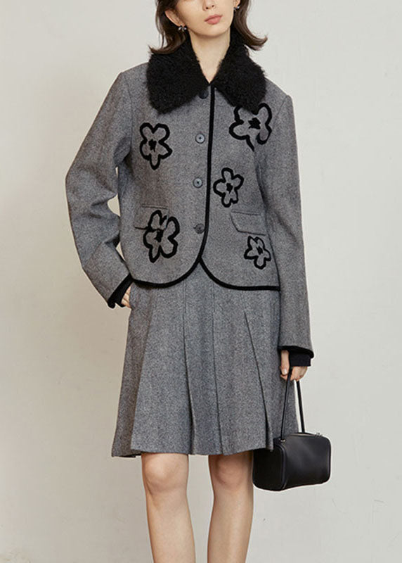 Organic Grey Button Woolen Coat and Skirts Two Pieces Set Fall