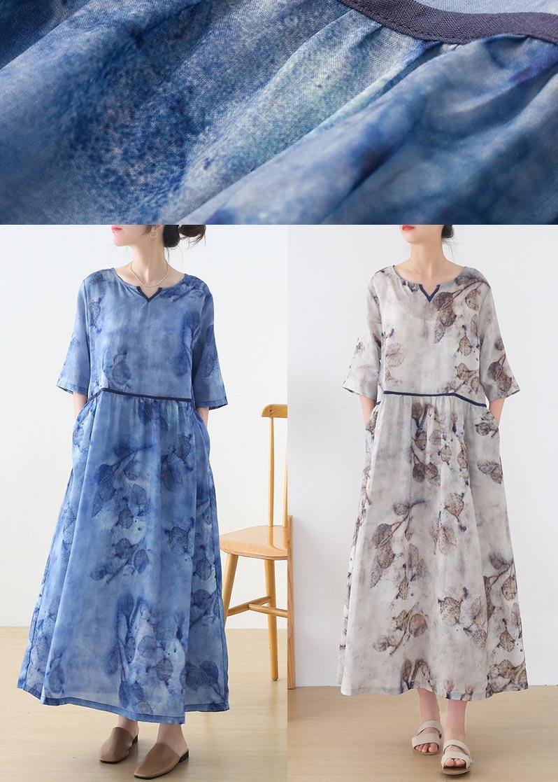 Natural White Print Cinched Summer Linen Dress
