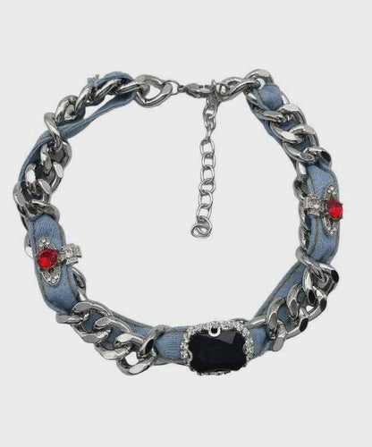 Denim Blue Metal Denim Crystal Chain Collar Necklace