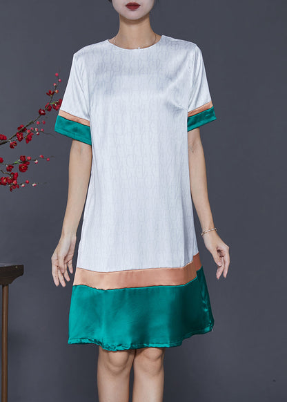 French White O-neck Patchwork Silk Dress Summer