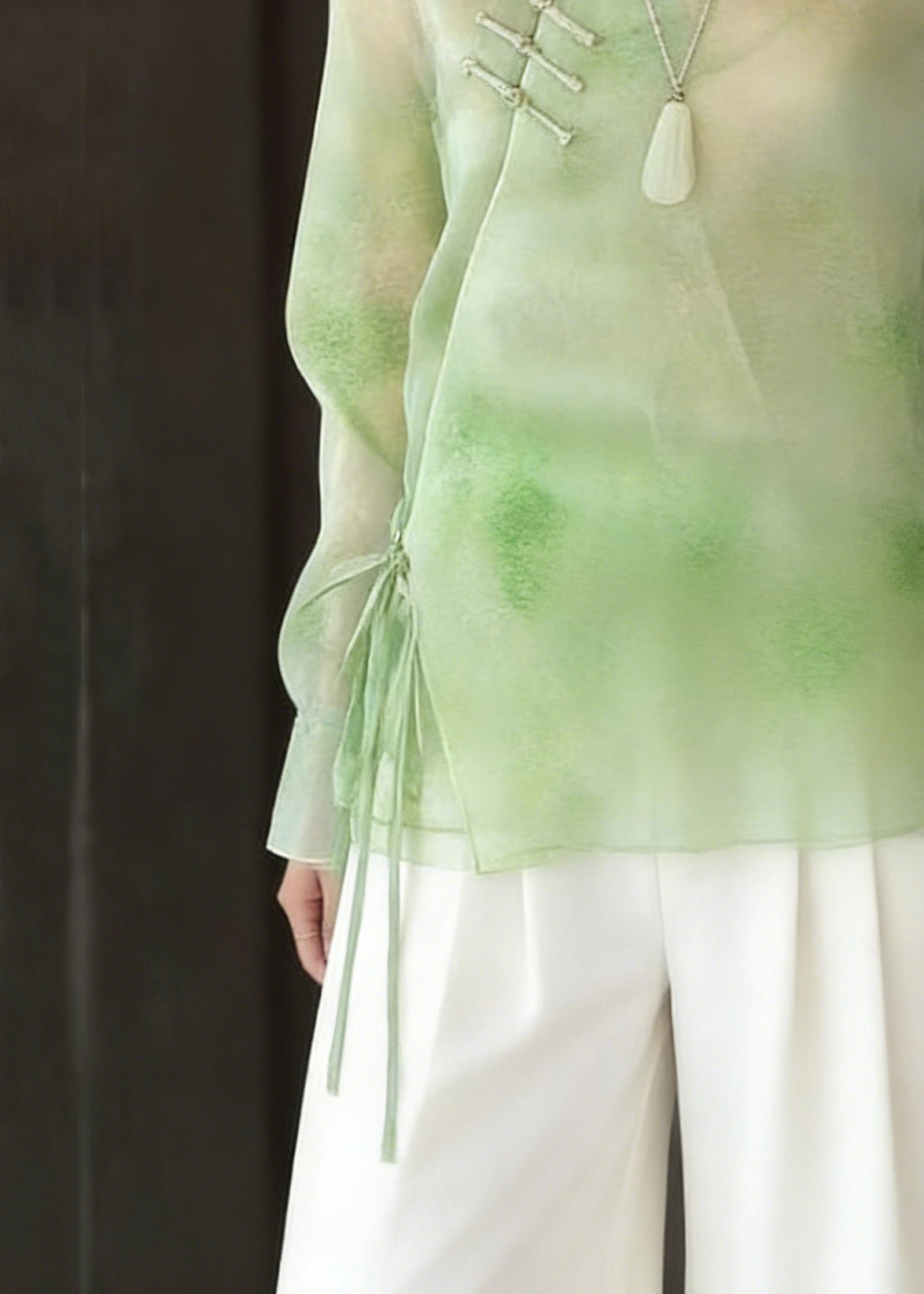 Boutique Light Green Tie Dye Tie Waist Silk Tops Flare Sleeve