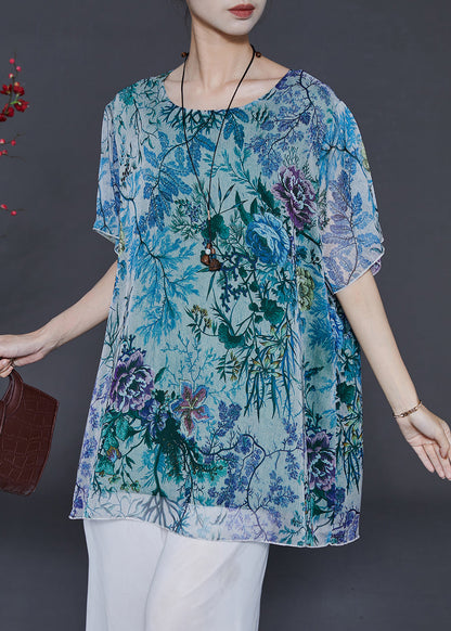 Blue Print Chiffon Blouses O-neck Oversized Summer