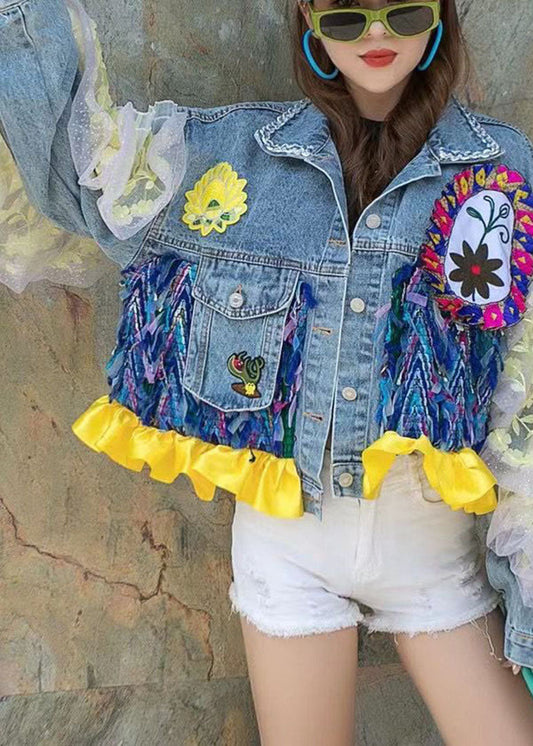 Blue Peterpan Collar Button Patchwork Sequins Fall Denim Long Sleeve Coat