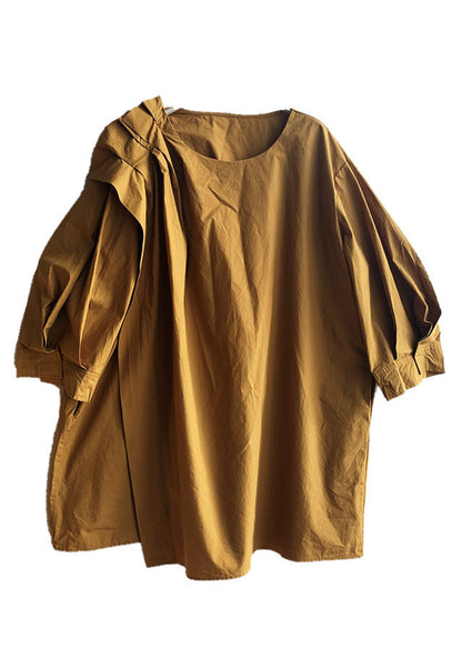 Italian Yellow O-neck Asymmetrical Cotton Top Fall