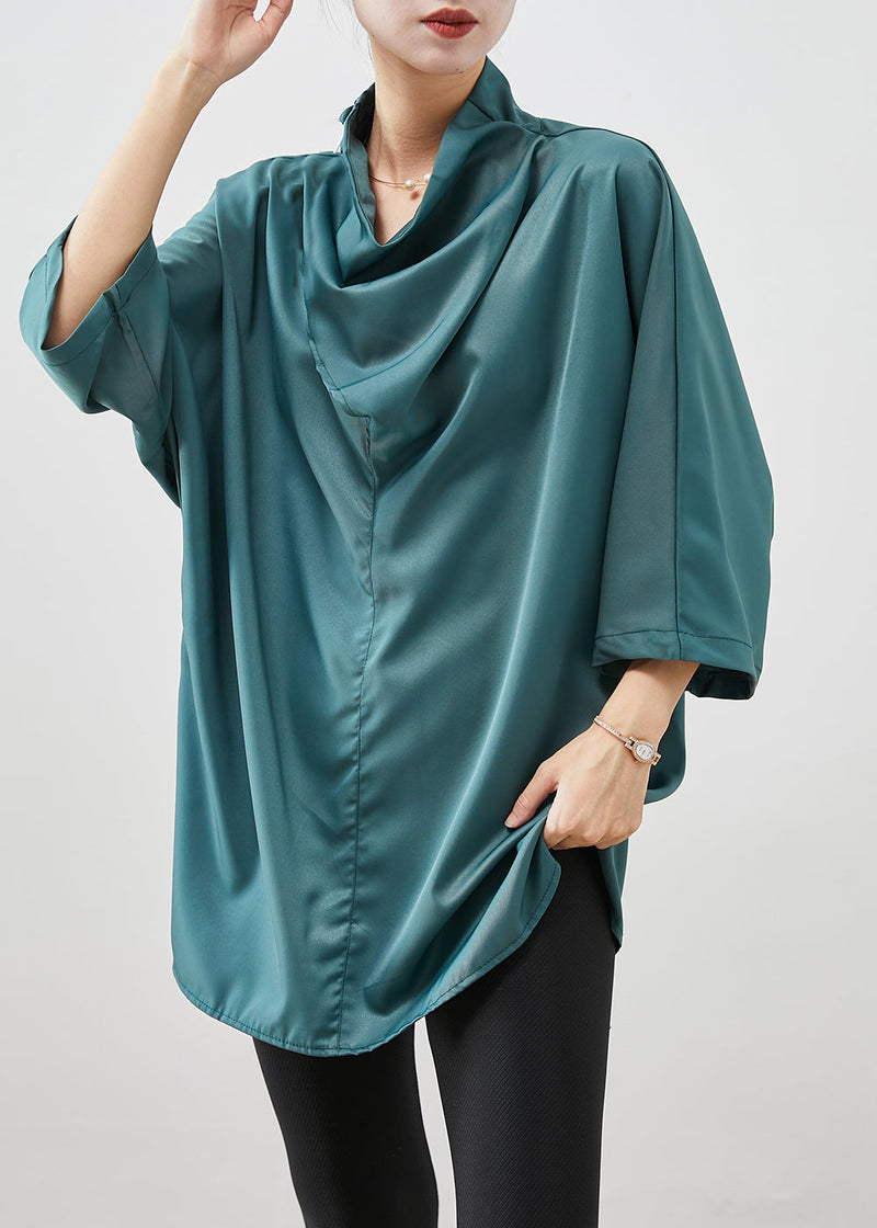 Blackish Green Turtle Neck Silk Shirt Bracelet Sleeve