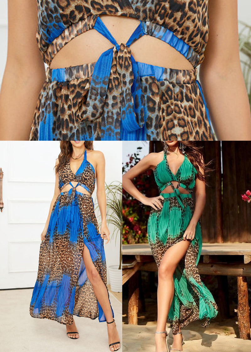 Blue Backless Leopard Print Chiffon Long Dresses Vestidos Summer