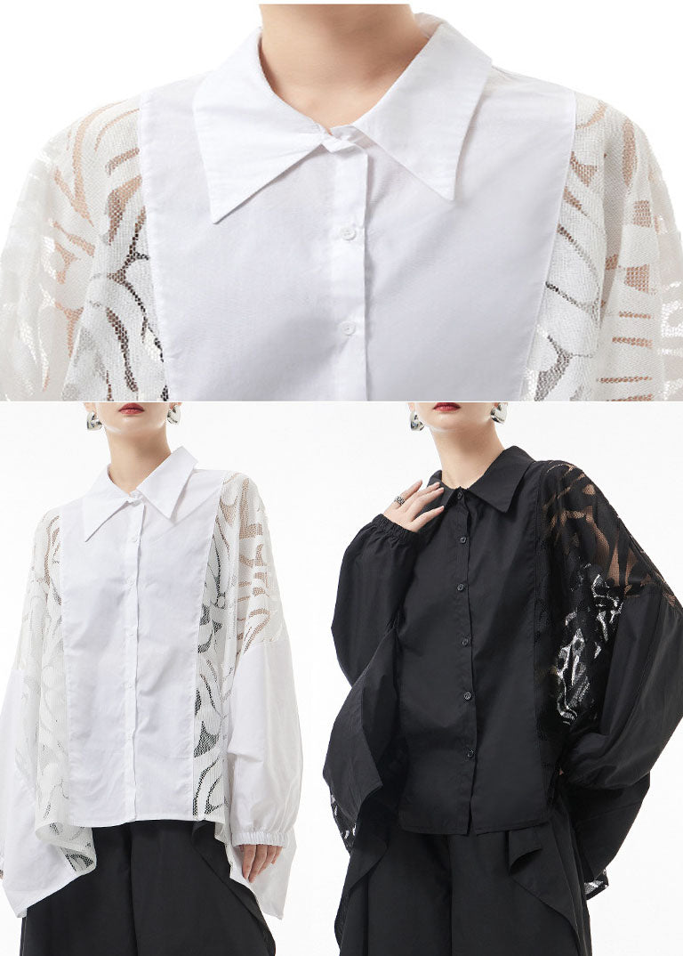 Black Peter Pan Collar Lace Patchwork Blouse Tops Spring