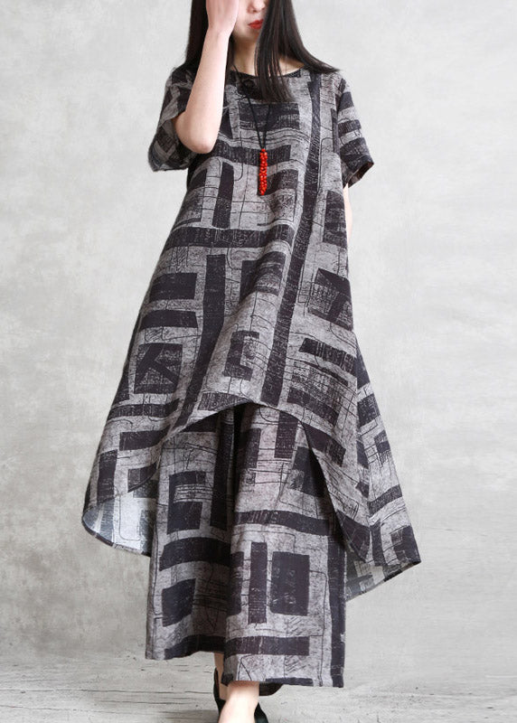 Loose Black O-neck Print Linen Top and Wide Leg Pants Two Piece Set Summer